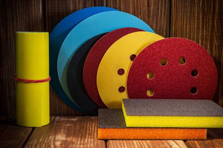 Big set of abrasive tools on vintage wood background.の写真素材