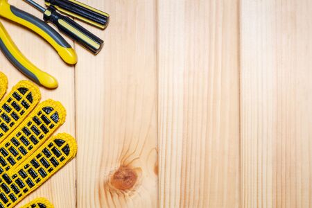 Construction tool on wood board maintenance concept. Free space for advertising.の写真素材