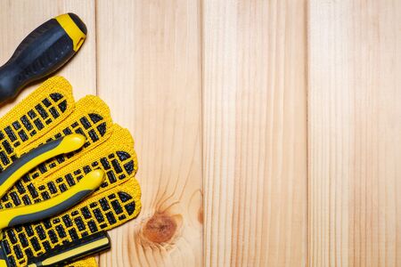 Construction tool on wood board maintenance concept.