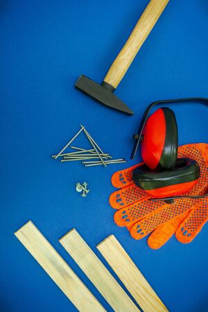 Professional tools for the joiner and spare parts, headphones.の写真素材