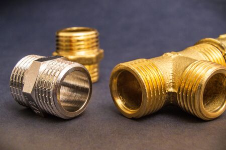 Set of brass fittings is often used to connect for water and gas installationsの写真素材