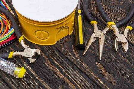 Electrical junction boxs with cables wire and tool usually used in the electric installation process