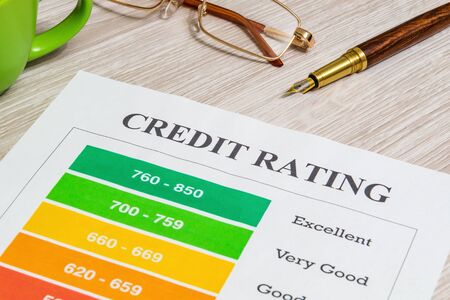 Credit rating form on the office desk with glasses and stylish pen, business ideaの写真素材