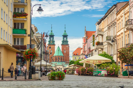 Street view in the city center and Cathedral Basilica places to travel: Gniezno / Poland - October 04, 2020のeditorial素材