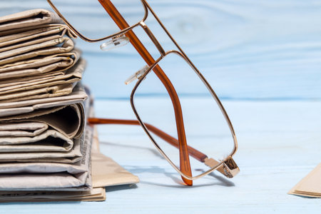 Reading glasses and a stack of newspapers on blue wooden shelfの写真素材