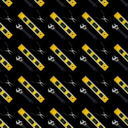Building level and tools seamless pattern isolated on black background. Collection of industrial...