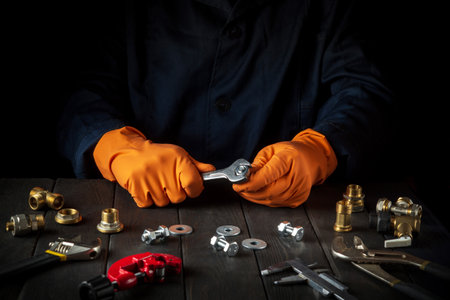 Professional plumber tightens the nut with a wrench. Close-up of the working environment in the workshop. Installation of gas equipmentの写真素材