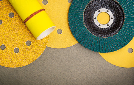 Set of abrasive tools and sandpaper used for cleaning or grinding products. Industrial tools.の写真素材