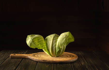 Head of cabbage on a cutting board in a restaurant kitchen. Vegetarian diet or cuisine. Free space...