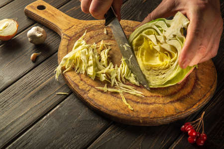 Slicing cabbage on a cutting board. Delicious salad for dinner with fresh vegetables. Hands of a chef with a knife while cooking in a kitchen.の写真素材