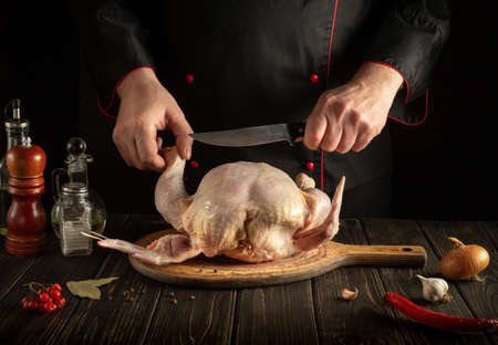 Professional chef cuts raw broiler chicken with a knife. Cooking a national dish in the kitchen with chickenの写真素材