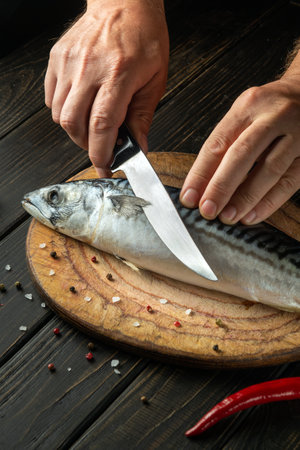 The chef cuts a Scomber fish with a knife on a kitchen cutting board. Menu or recipe for restaurant or hotel. Cook hands close up.の写真素材