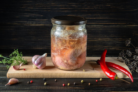 Canned meat or stew in a glass jar with spices on a cutting board. Stock of farm organic products.