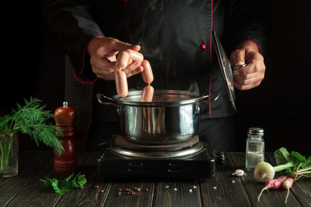 Professional chef cooks Vienna sausage in a saucepan. Working environment in the kitchen. Delicious breakfast or dinner.の写真素材
