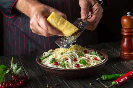 The chef adds hard cheese to the spaghetti plate. Working environment in the hotel kitchen. Delicious pasta with vegetables and spices.の写真素材