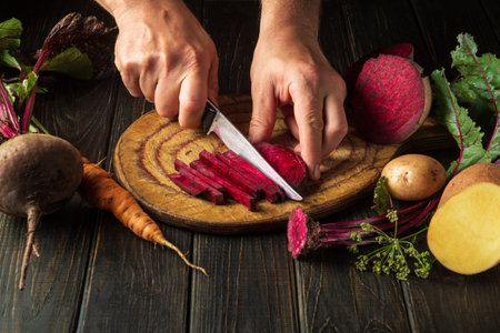 Slicing beta vulgaris or beetroot by the hands of a cook on a cutting board to prepare delicious borscht for lunch at home.の写真素材