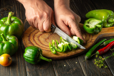 The chef cuts green pepper on a cutting board for making spicy adjika. Peasant delicious food.の写真素材