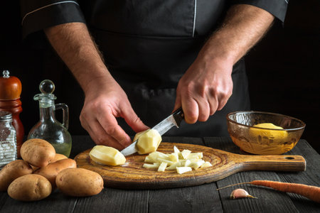 The cook cuts raw potatoes into pieces with a knife before preparing breakfast or dinner. Close-up of a chef hands while working in a restaurant kitchenの写真素材