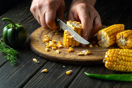 The chef cuts corn with a knife. Maize is an excellent dietary breakfast or lunch prepared by the cook handsの写真素材