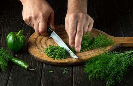 Knife cutting fresh dill on a cutting board in the hands of a chef to add to vegetarian food. vegetable diet.の写真素材