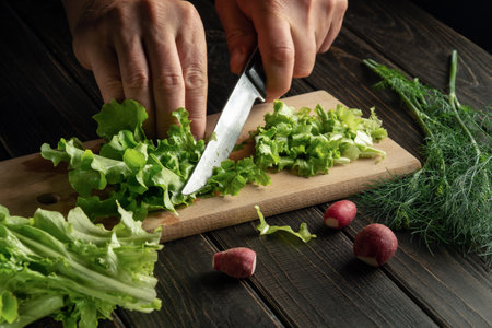 The cook hands cut green leaves lettuce on a cutting board with a knife for preparing vegetarian foodの写真素材