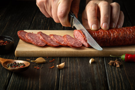 The cook cuts homemade sausage on a wooden cutting board. Cooking delicious sandwiches for a snack at home.の写真素材