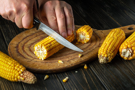Cook cuts the grains of corn with a knife. Maize is an excellent dietary breakfast or lunch by the...