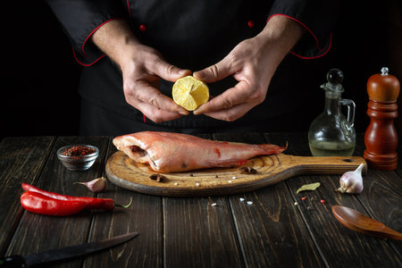 The chef presses lemon juice on a Sebastes fish in the kitchen before cooking. The idea of a menu or...