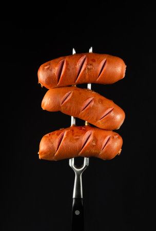 Grilled milk three sausages on a fork. Tasty and or street food concept on black background.の写真素材