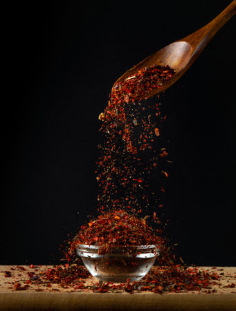 Red dry fragrant spices are poured into a glass salt cellar from a wooden spoon. Place for...