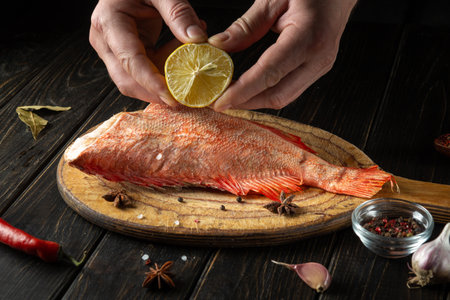 The cook presses lemon juice on a Sebastes fish in the kitchen before cooking. The idea of a menu or...