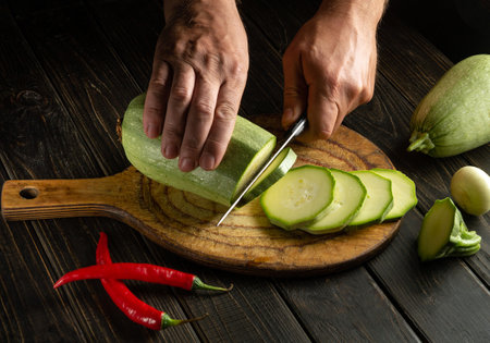 The chef cuts fresh zucchini with a knife on a wooden cutting board. The thick flesh of the squash is used in British cookingの写真素材