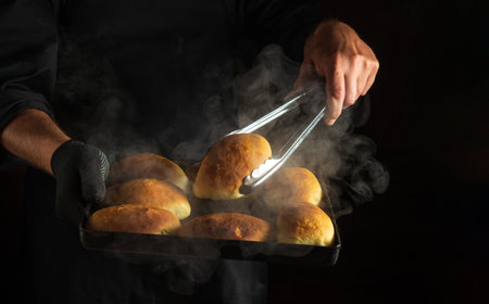 Professional baker bakes pies or buns on a hot baking sheet taken out of the oven. Black space for...