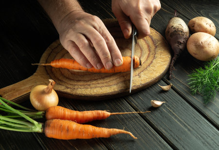 Hands of a cook with a knife cut raw carrots on a wooden cutting board for cooking. Peasant foodの写真素材