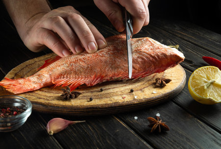 Hands of a cook with a knife cut raw Sebastes fish on the wooden cutting board of the kitchen. The...