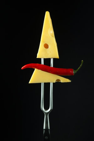 Pieces of Maasdam cheese with red pepper on a fork. Fast food concept on black backgroundの写真素材