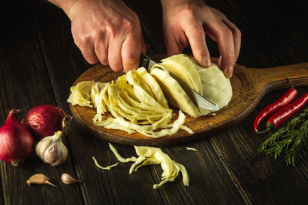 The cook cuts fresh cabbage for salad with a knife on a vintage kitchen table with fresh vegetables. The concept of cooking delicious foodの写真素材