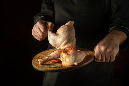 The chef prepares chicken legs in the restaurant kitchen. Preparing raw meat for grilling on a cutting board in the cook's handの写真素材