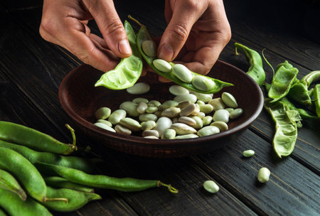 The cook hands on the kitchen table are cleaning green beans. Organic peasant food after harvest.の写真素材