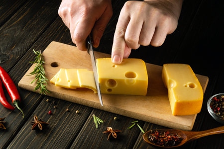 The hands of the cook with a knife cut the cheese into small pieces for tasting on a cutting board. Delicious Milk Cheese Recipe Presentation.の写真素材