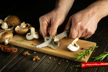 Close-up of a cook's hands cutting with a knife mushroom on a cutting board. Cooking mushrooms on the kitchen table with spices and rosemaryの写真素材