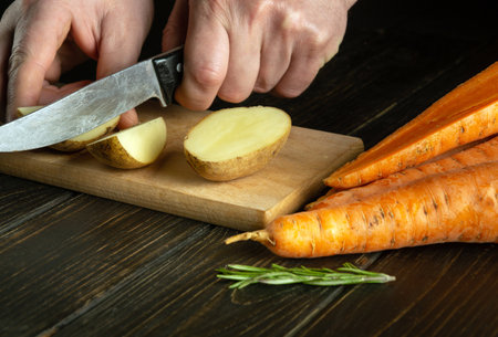 Close-up of hands of the chef with a knife cut fresh raw potatoes on a kitchen cutting board before preparing a vegetarian dinner with vegetablesの写真素材