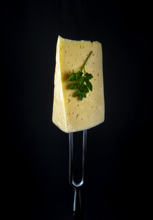 A piece of cheese with parsley on a fork. Fast food or street food concept on black background.の写真素材