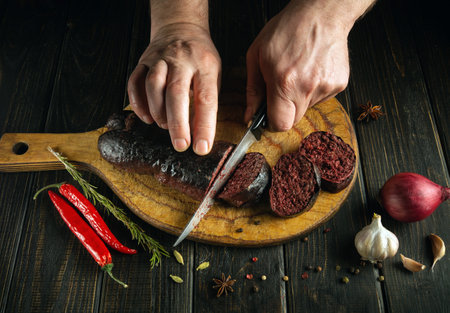 The cook cuts blood sausage with a knife on a cutting kitchen board. Cooking a national dish on the kitchen table with spices and pepper.の写真素材