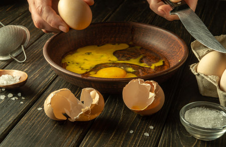 Egg breakfast by the hands of the chef in the kitchen of the restaurant. The process of cooking eggs on the kitchen table.の写真素材