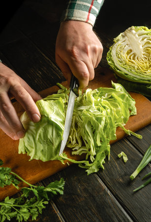 The chef cuts fresh green cabbage on a cutting board with a knife. Close-up of a cook hands while working on a kitchen table. Vegetarian or vegetable diet ideasの写真素材