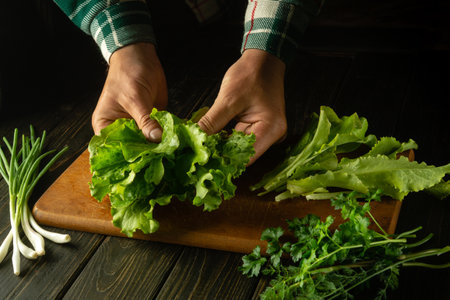 The cook on the kitchen table sorts lettuce leaves before preparing vegetarian food for lunch. Close-up of a chef hands while preparing a salad.の写真素材