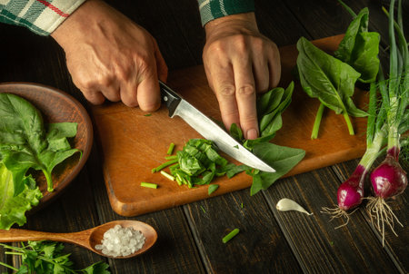 Slicing spinach leaves for a diet salad for lunch. The hands of the cook with a knife cut fresh spinach on the kitchen board. A diet of fresh vegetables.の写真素材