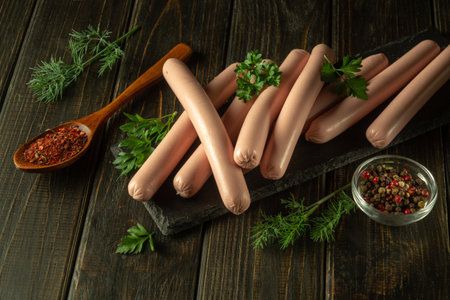 Many boiled sausages on the sorting board are prepared for dinner with spices and herbs. Quick and tasty snack idea.の写真素材