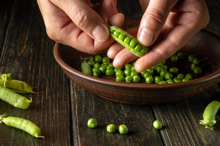 The chef hands clean green pea pods. Work environment on the kitchen table. Cooking peas for breakfast.の写真素材